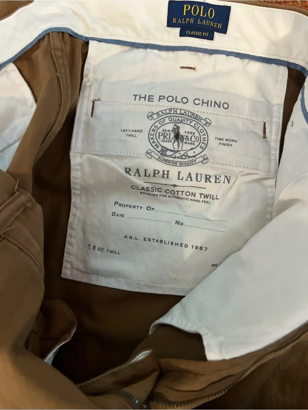 Polo Ralph Lauren Men's Classic Fit Dark. Khaki Chinos Cotton Twill 36 x 31